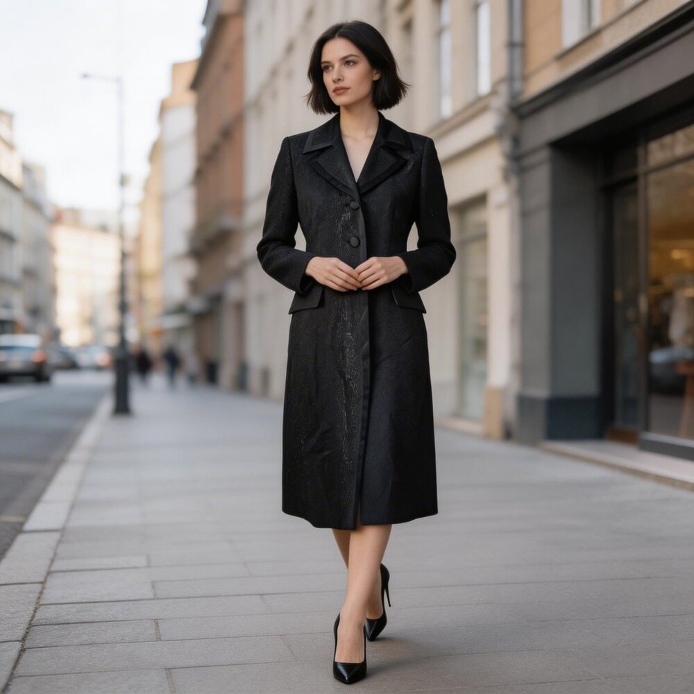 KASPER | Black Textured Satin Trim Fitted Trench Coat Sz 4